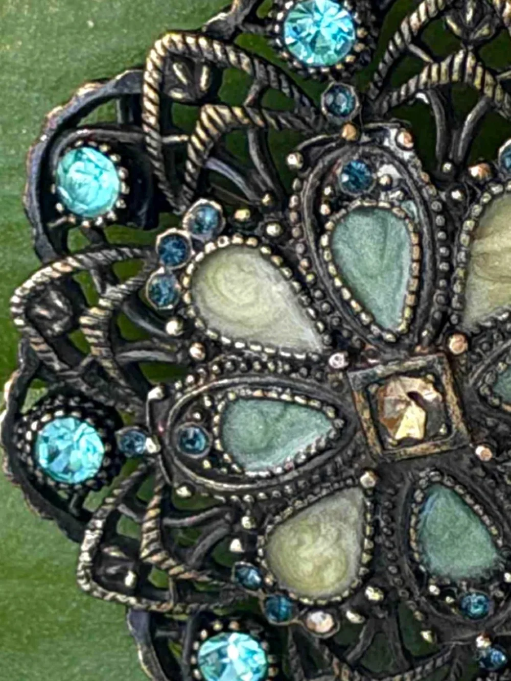 Vintage Filigree Brooch - Blue Rhinestone & Pastel Cabochon Pin
